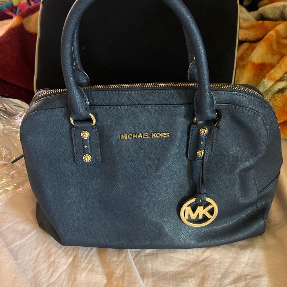 Michael Kors Blue Satchel with Gold Accents
